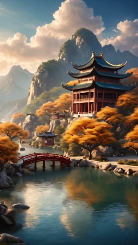 the golden pavilion,oriental painting,golden pavilion,fantasy landscape,chinese temple,forbidden palace,japan landscape,asian architecture,landscape background,world digital painting,chinese art,hall of supreme harmony,chinese architecture,yunnan,chinese background,oriental,chinese clouds,dragon bridge,japanese background,south korea,Photography,General,Cinematic