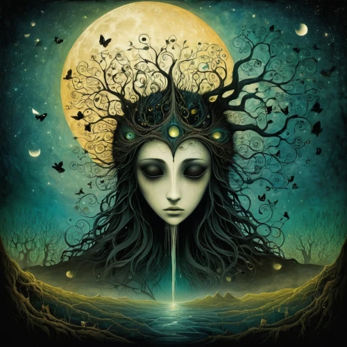 queen of the night,the enchantress,dryad,priestess,shamanism,shamanic,mystical portrait of a girl,zodiac sign libra,rusalka,sorceress,blue enchantress,mother earth,zodiac sign gemini,faerie,the zodiac sign pisces,siren,mirror of souls,crow queen,divination,moonbeam,Illustration,Abstract Fantasy,Abstract Fantasy 19