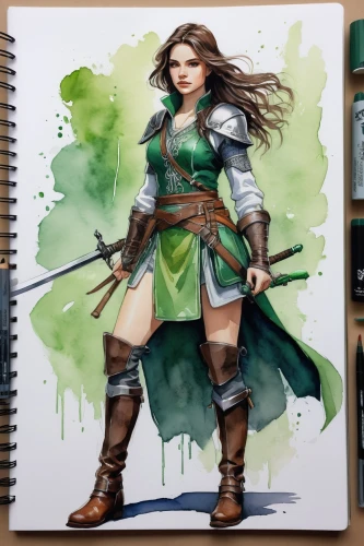 female warrior,elven,celtic queen,fantasy warrior,fantasy portrait,swordswoman,wind warrior,huntress,warrior woman,heroic fantasy,watercolor sketch,mulan,painting technique,watercolor arrows,painting work,librarian,jade,half orc,game drawing,watercolor painting,Illustration,Paper based,Paper Based 01