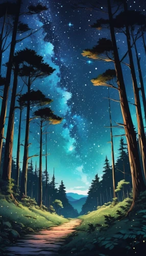 cartoon video game background,forest of dreams,forest background,landscape background,forest landscape,forest road,fantasy landscape,night scene,fireflies,coniferous forest,background image,night sky,starry sky,forest,night stars,fairy forest,the night sky,enchanted forest,owl background,fantasy picture,Conceptual Art,Daily,Daily 32