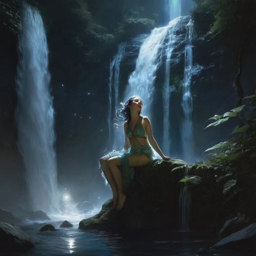 water nymph,waterfall,rusalka,water fall,fantasy picture,bridal veil fall,the blonde in the river,woman at the well,girl on the river,waterfalls,world digital painting,water falls,dryad,green waterfall,flowing water,cascading,bridal veil,merfolk,mystical portrait of a girl,mountain spring,Conceptual Art,Fantasy,Fantasy 11