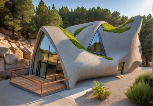 dunes house,cubic house,futuristic architecture,modern architecture,modern house,cube house,eco hotel,house in mountains,house in the mountains,3d rendering,futuristic art museum,inverted cottage,frame house,roof landscape,archidaily,folding roof,dog house,eco-construction,house shape,grass roof,Photography,General,Realistic