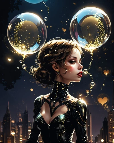 gold and black balloons,bubbles,steampunk,globes,spheres,crystal ball,queen of the night,fantasy portrait,little girl with balloons,sci fiction illustration,bubble blower,liquid bubble,bubble,water pearls,magician,transistor,fantasia,cinderella,girl with speech bubble,waterglobe,Conceptual Art,Fantasy,Fantasy 06