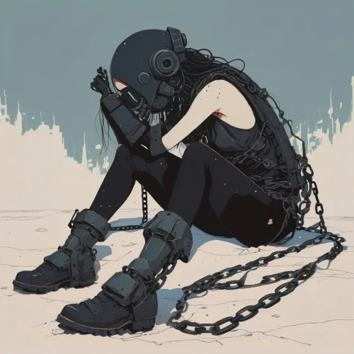 respirator,despair,shackles,catcher,saw chain,leash,chains,sorrow,cyber,chain,quiet,depressed woman,cyberpunk,gas mask,a200,harnessed,half-mourning,cybernetics,echo,disconnected,Illustration,Paper based,Paper Based 19