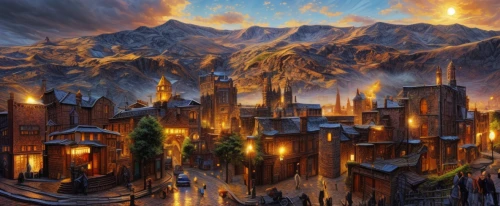 fantasy city,city in flames,fantasy picture,fantasy landscape,city scape,flaming mountains,medieval town,aurora village,fantasy art,heroic fantasy,destroyed city,ancient city,post-apocalyptic landscape,city cities,townscape,arcanum,sci fiction illustration,world digital painting,fantasy world,cityscape