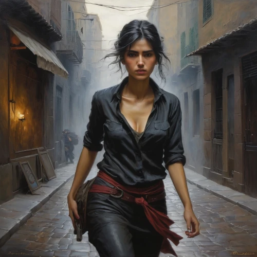 lara,italian painter,croft,femme fatale,fantasy art,romantic portrait,girl walking away,woman walking,oberlo,vampire woman,woman playing,mystical portrait of a girl,swordswoman,young woman,sorceress,oil painting,venetia,girl in a historic way,narrow street,hallia venezia,Conceptual Art,Fantasy,Fantasy 13