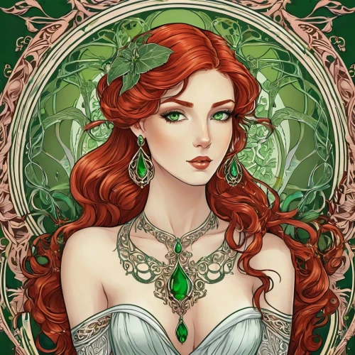 poison ivy,celtic queen,dryad,merida,emerald,faery,fae,green wreath,fantasy portrait,fairy queen,background ivy,the enchantress,ivy,filigree,art nouveau,elven flower,elven,faerie,caerula,rusalka,Illustration,Retro,Retro 13