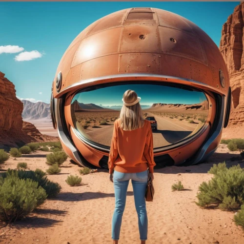 motorcycle helmet,bicycle helmet,teardrop camper,construction helmet,astronaut helmet,travel trailer poster,virtual reality headset,vr headset,futuristic landscape,helmet,musical dome,planet mars,mission to mars,mexican hat,recreational vehicle,virtual reality,volkswagen beetlle,sky space concept,vr,futuristic car