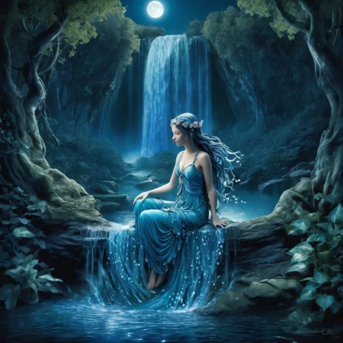 water nymph,fantasy picture,blue enchantress,mermaid background,faerie,faery,fantasy art,blue moon,rusalka,woman at the well,water fall,the night of kupala,believe in mermaids,celtic woman,merfolk,mother earth,blue moon rose,mystical portrait of a girl,the enchantress,waterfall,Illustration,Realistic Fantasy,Realistic Fantasy 02