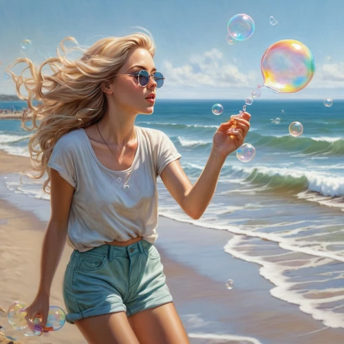 bubble blower,soap bubble,soap bubbles,inflates soap bubbles,giant soap bubble,girl with speech bubble,little girl with balloons,world digital painting,water balloons,bubbletent,oil painting,summer day,blow away,make soap bubbles,think bubble,sea breeze,bubbles,oil painting on canvas,beach background,little girl in wind,Illustration,Realistic Fantasy,Realistic Fantasy 16
