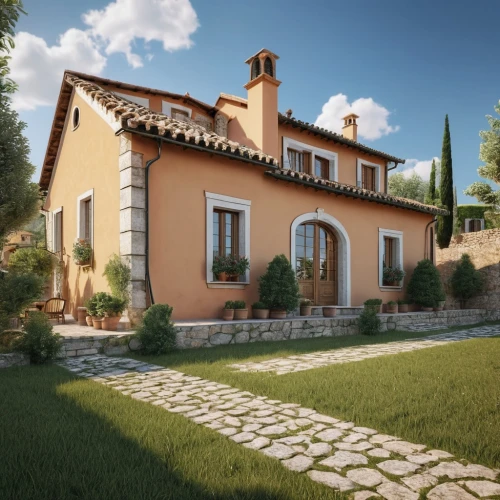 provencal life,roman villa,3d rendering,provence,exterior decoration,home landscape,villa,country house,terracotta tiles,houses clipart,garden elevation,spanish tile,tuscan,country cottage,traditional house,roof landscape,country estate,render,holiday villa,hacienda,Photography,General,Realistic