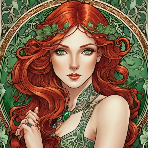 poison ivy,celtic queen,dryad,merida,fae,ivy,faery,rusalka,art nouveau,anahata,celtic woman,red-haired,the enchantress,mucha,clary,art nouveau design,background ivy,sorceress,faerie,flora,Illustration,Retro,Retro 13