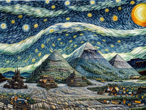 vincent van gough,starry night,david bates,post impressionism,vincent van gogh,tapestry,mountain scene,mountainous landscape,motif,christmas landscape,cool woodblock images,the landscape of the mountains,background image,mountain landscape,mountainous landforms,mountain settlement,high mountains,the spirit of the mountains,indigenous painting,fantasy art