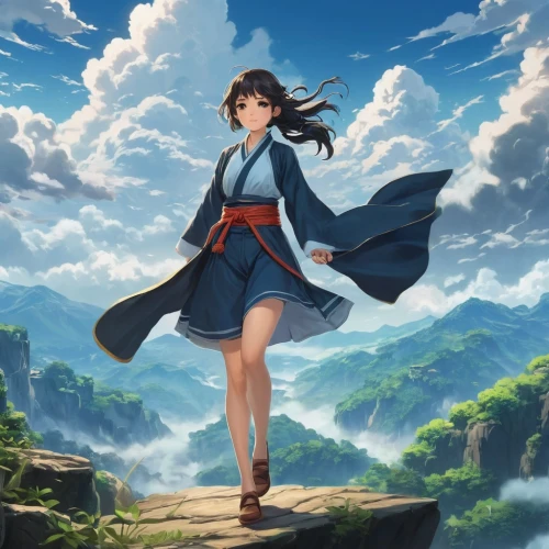 meteora,flying girl,japanese sakura background,akko,kayano,mountain spirit,blue sky clouds,sakura background,azure,cg artwork,studio ghibli,blue sky and clouds,the spirit of the mountains,torii,mountain guide,mountain scene,landscape background,sky,mulan,background images,Photography,General,Fantasy