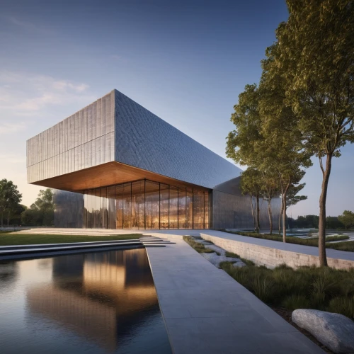futuristic art museum,archidaily,modern architecture,glass facade,dunes house,corten steel,3d rendering,cube house,arq,futuristic architecture,aqua studio,modern house,soumaya museum,metal cladding,water cube,cubic house,exposed concrete,contemporary,water wall,jewelry（architecture）,Photography,General,Natural