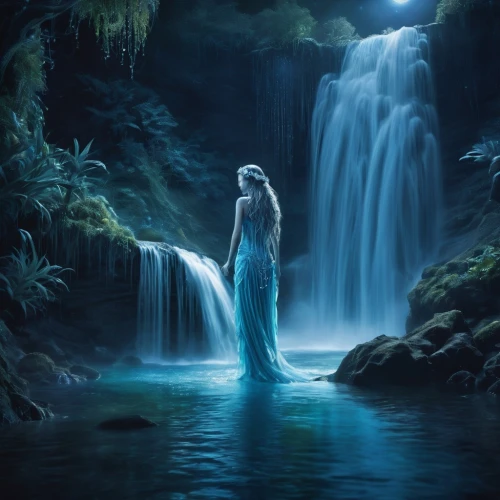 fantasy picture,water nymph,fantasy art,rusalka,blue enchantress,water fall,mermaid background,water-the sword lily,bridal veil fall,the night of kupala,waterfall,faery,merfolk,faerie,waterfalls,fantasy landscape,the blonde in the river,bridal veil,the enchantress,mystical,Illustration,Realistic Fantasy,Realistic Fantasy 37