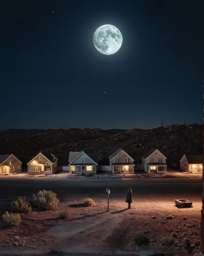 moon valley,human settlement,unhoused,wild west hotel,pioneertown,dunes house,valley of the moon,mojave,tourist camp,moonshine,accommodation,moonlit night,namibia nad,bogart village,timna park,moon rover,moonscape,night scene,floating huts,digital compositing
