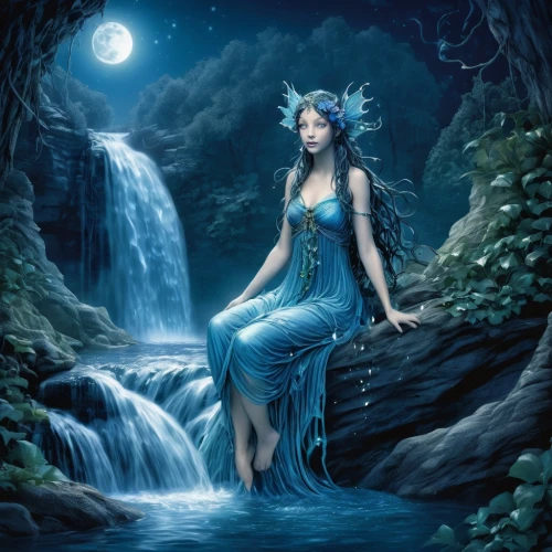 water nymph,blue enchantress,fantasy picture,rusalka,blue moon rose,faerie,blue moon,fantasy art,faery,the enchantress,fantasy portrait,water fall,fairy queen,water rose,blue waters,mermaid background,blue rose,celtic woman,sorceress,water-the sword lily,Illustration,Realistic Fantasy,Realistic Fantasy 02