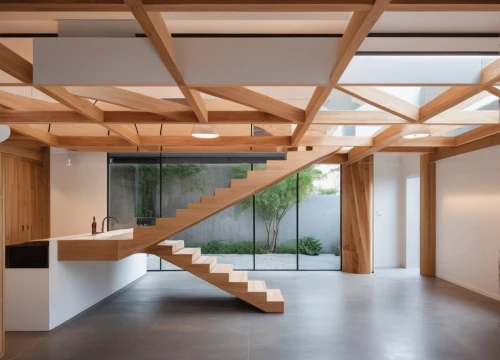 wooden beams,timber house,wooden stairs,archidaily,japanese architecture,wooden stair railing,daylighting,wooden roof,interior modern design,outside staircase,cubic house,wooden construction,folding roof,wood structure,frame house,kirrarchitecture,concrete ceiling,dunes house,californian white oak,ceiling construction,Photography,General,Natural