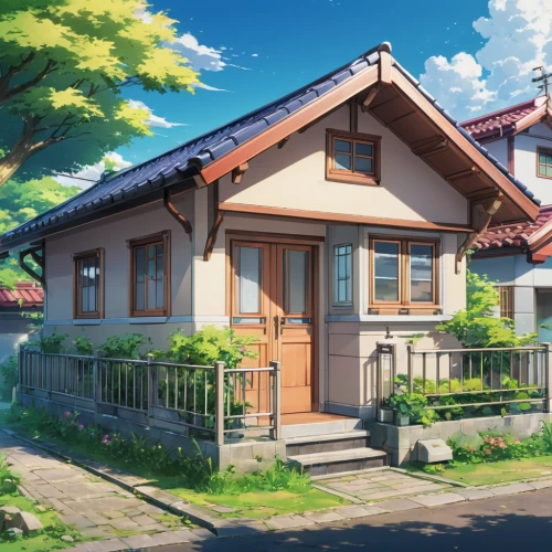 house painting,violet evergarden,small house,wooden house,little house,beautiful home,home landscape,private house,country house,summer cottage,lonely house,apartment house,studio ghibli,traditional house,roof landscape,house,grass roof,japanese architecture,wooden roof,euphonium,Illustration,Japanese style,Japanese Style 03