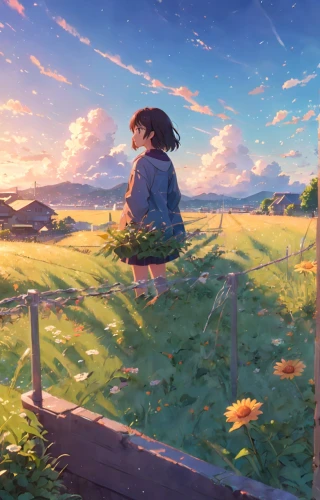 summer evening,blooming field,summer meadow,summer day,studio ghibli,meadow,summer sky,dandelion field,clover meadow,atmosphere,dandelion meadow,meadow play,in the tall grass,the horizon,daybreak,yellow grass,blooming grass,late summer,evening atmosphere,field of flowers,Anime,Anime,Realistic