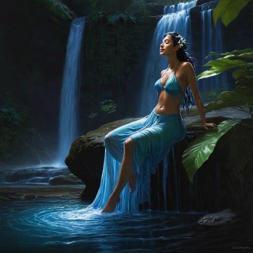 water nymph,fantasy picture,blue enchantress,water fall,fantasy art,waterfall,blue hawaii,merfolk,flowing water,blue waters,water forget me not,faerie,world digital painting,cascading,water lotus,waterfalls,mystical portrait of a girl,underwater oasis,girl on the river,faery,Conceptual Art,Fantasy,Fantasy 16