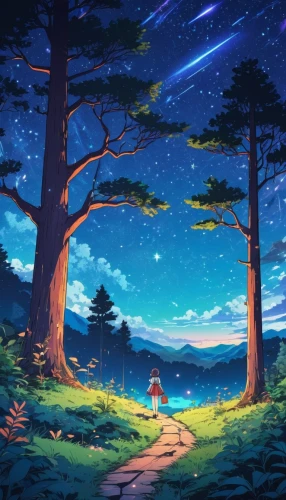 studio ghibli,starry sky,landscape background,moon and star background,forest background,cartoon video game background,would a background,dream world,wander,fireflies,forest of dreams,violet evergarden,dusk background,forest,background screen,star sky,falling stars,starlight,clear night,background images,Illustration,Japanese style,Japanese Style 03