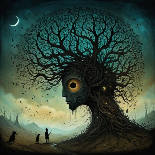 creepy tree,tree thoughtless,three eyed monster,strange tree,dead wood,ghost forest,tree die,tree of life,dead tree,cd cover,old tree,treehouse,magic tree,tree house,the trees,haunted forest,halloween bare trees,shamanism,tree man,game illustration,Illustration,Abstract Fantasy,Abstract Fantasy 19