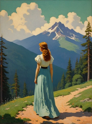 mountain scene,girl in a long dress,the spirit of the mountains,woman walking,woman with ice-cream,girl walking away,girl with tree,arête,montana,idyll,heidi country,girl with bread-and-butter,salt meadow landscape,painting technique,oil on canvas,oil painting,woman holding pie,mountain landscape,summer day,high landscape,Art,Classical Oil Painting,Classical Oil Painting 14