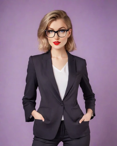 business woman,businesswoman,business girl,pantsuit,navy suit,secretary,purple background,woman in menswear,with glasses,blur office background,smart look,businessperson,portrait background,business women,real estate agent,businesswomen,suit,female doctor,bussiness woman,black suit,Photography,Realistic