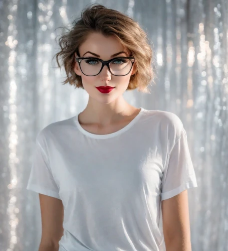 with glasses,silver framed glasses,glasses,reading glasses,eye glasses,lace round frames,red green glasses,spectacles,cotton top,red lips,white shirt,eyeglasses,pink glasses,red lipstick,glasses glass,two glasses,specs,in a shirt,lily-rose melody depp,eye glass accessory,Photography,Realistic