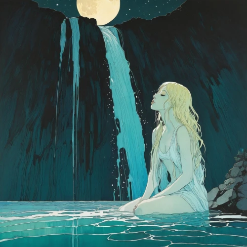 rusalka,the night of kupala,water-the sword lily,water nymph,siren,the blonde in the river,woman at the well,amano,fantasia,moons,blue moon,lunar,moonbeam,the moon and the stars,celestial body,aquarius,celestial bodies,phase of the moon,immersed,drown,Illustration,Paper based,Paper Based 19