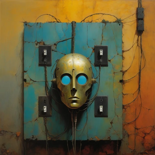 cybernetics,c-3po,transistors,robot icon,metal box,transistor,robotic,resistor,circuit breaker,robot,corrosion,metal rust,corroded,diode,covid-19 mask,welder,clockmaker,circuit board,key-hole captain,droid,Conceptual Art,Oil color,Oil Color 01