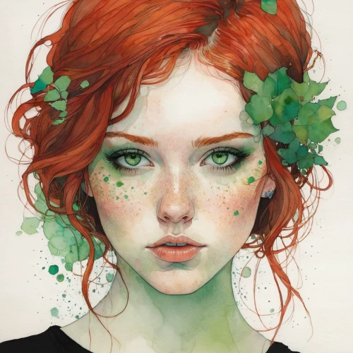 poison ivy,flora,fae,ivy,green wreath,faery,dryad,red and green,girl in a wreath,clovers,fantasy portrait,girl in flowers,natura,bitter clover,faerie,red-haired,clover blossom,coral bells,forest clover,green skin,Illustration,Paper based,Paper Based 19