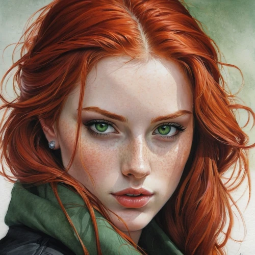 red-haired,redheads,fantasy portrait,clary,red head,poison ivy,green eyes,black widow,fiery,redhair,girl portrait,redhead,redheaded,portrait of a girl,redhead doll,romantic portrait,clementine,young woman,digital painting,vada,Illustration,Paper based,Paper Based 02