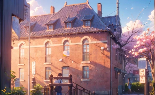 violet evergarden,corner flowers,duluth,old town house,georgetown,beautiful buildings,studio ghibli,art academy,sakura background,dandelion hall,sakura,quebec,metz,french building,color 1,kirch blossoms,color image,brownstone,drexel,apartment house,Anime,Anime,Realistic