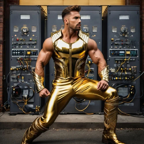 steel man,macho,muscle icon,muscle man,stud yellow,god of thunder,yellow-gold,electro,spider the golden silk,edge muscle,metallic door,muscular,power icon,bodybuilder,marvel,bodybuilding,cosplay image,yellow jacket,bodybuilding supplement,greek god,Photography,General,Fantasy