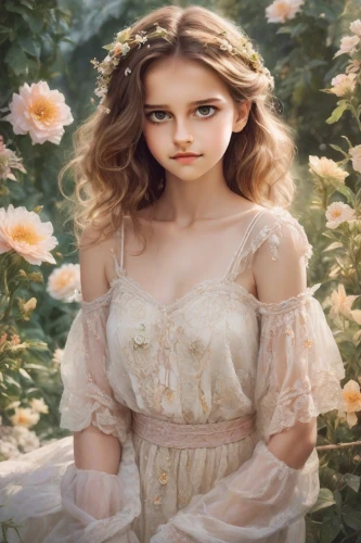 jessamine,girl in flowers,girl in the garden,fantasy portrait,romantic portrait,mystical portrait of a girl,beautiful girl with flowers,fae,rosa 'the fairy,peach rose,enchanting,flower fairy,hedge rose,young woman,scent of roses,faery,cinderella,flower girl,wild roses,rosebushes,Photography,Realistic
