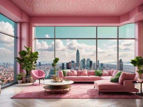 sky apartment,penthouse apartment,livingroom,pink squares,living room,apartment lounge,an apartment,modern room,pink chair,great room,modern decor,apartment,condo,sky space concept,loft,shared apartment,interior design,color pink,pink city,3d rendering,Photography,General,Realistic