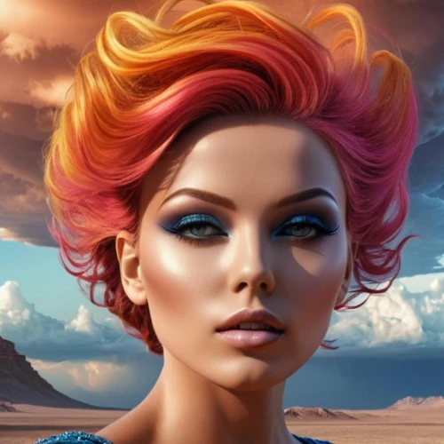 artificial hair integrations,pixie-bob,girl on the dune,fantasy portrait,pompadour,mohawk hairstyle,bouffant,airbrushed,hair coloring,transistor,photoshop manipulation,fantasy woman,fantasy art,havana brown,head woman,photoshop school,woman face,image manipulation,natural cosmetic,world digital painting