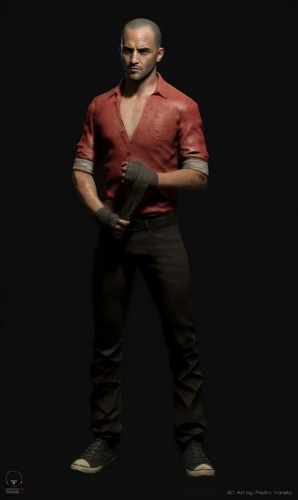 3d model,pubg mascot,male character,man holding gun and light,3d figure,3d man,male nurse,3d rendered,man in red dress,male model,smoke background,3d render,male poses for drawing,martial arts uniform,character animation,angry man,mercenary,3d modeling,ken,cholado