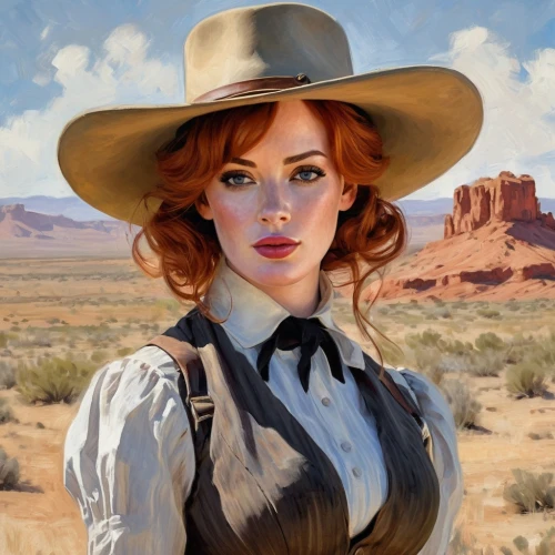 cowgirl,wild west,maureen o'hara - female,cowgirls,woman's hat,western,the hat of the woman,countrygirl,cowboy hat,retro woman,pilgrim,fantasy portrait,ranger,maci,park ranger,the hat-female,sheriff,cheyenne,american frontier,prairie,Conceptual Art,Oil color,Oil Color 10