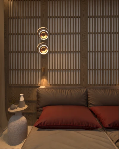 japanese-style room,wooden shutters,ryokan,wall lamp,bamboo curtain,window treatment,window with shutters,plantation shutters,shutters,room divider,wall light,render,window blinds,3d rendering,deco,ambient lights,modern decor,sleeping room,canopy bed,3d render