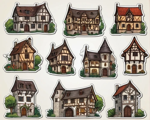 houses clipart,wooden houses,houses,half-timbered houses,serial houses,townhouses,houses silhouette,row houses,blocks of houses,cottages,old houses,row of houses,stone houses,crane houses,birdhouses,house roofs,town buildings,escher village,hanging houses,fairy tale icons,Unique,Design,Sticker