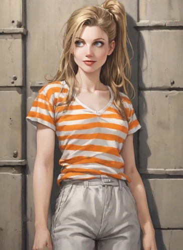 rockabella,girl in overalls,retro woman,retro girl,ken,eleven,clementine,digital painting,david bates,portrait background,girl in t-shirt,prisoner,blonde woman,jean button,orange,girl in a long,harley quinn,portrait of a girl,lis,lori,Digital Art,Comic