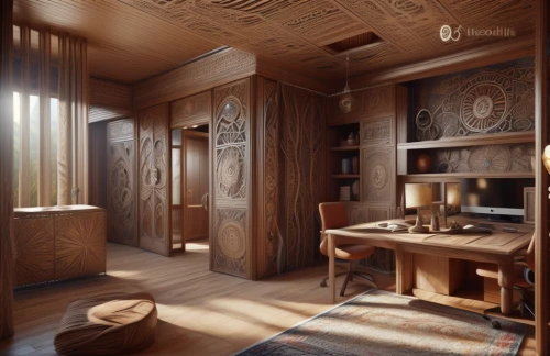 assay office in bannack,3d rendering,japanese-style room,ornate room,armoire,danish room,woodwork,patterned wood decoration,dark cabinetry,3d render,cabinetry,3d rendered,wooden sauna,render,interior design,bannack assay office,interiors,room divider,wooden house,wooden door