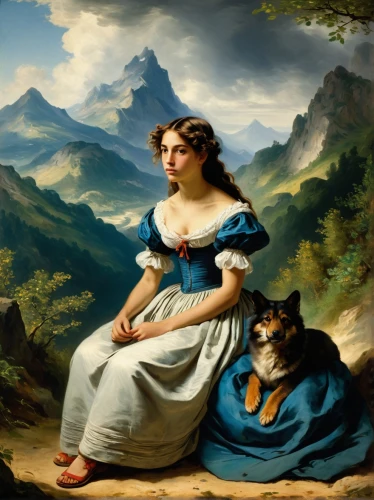 girl with dog,landseer,mountain scene,carpathian shepherd dog,east-european shepherd,english shepherd,appenzeller sennenhund,bougereau,companion dog,st. bernard,woman holding pie,pyrenean shepherd,capricorn mother and child,woman sitting,st bernard,bavarian mountain hound,bernese alps,fantasy picture,landscape background,ritriver and the cat,Art,Classical Oil Painting,Classical Oil Painting 08
