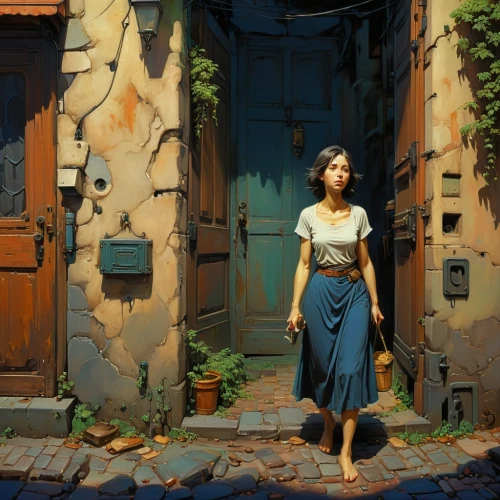 blue door,alleyway,narrow street,girl in a long dress,girl with bread-and-butter,girl walking away,girl in the garden,girl in a historic way,alley,old linden alley,blue doors,girl in a long,threshold,girl with cloth,study,world digital painting,studio ghibli,apothecary,summer evening,the evening light,Conceptual Art,Fantasy,Fantasy 01