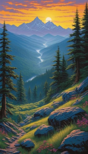 mountain landscape,mountain sunrise,mountain scene,purple landscape,salt meadow landscape,forest landscape,landscape background,mountainous landscape,alpine sunset,high landscape,nature landscape,the landscape of the mountains,mountain meadow,mountain valley,mountain pasture,mountain slope,landscape,autumn mountains,natural landscape,mountain range,Illustration,American Style,American Style 01