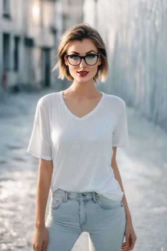 girl in t-shirt,silver framed glasses,with glasses,lace round frames,girl on a white background,reading glasses,white shirt,glasses,women fashion,in a shirt,female model,woman walking,young model istanbul,portrait background,retro woman,smart look,eye glass accessory,cotton top,beautiful young woman,women clothes,Photography,Realistic